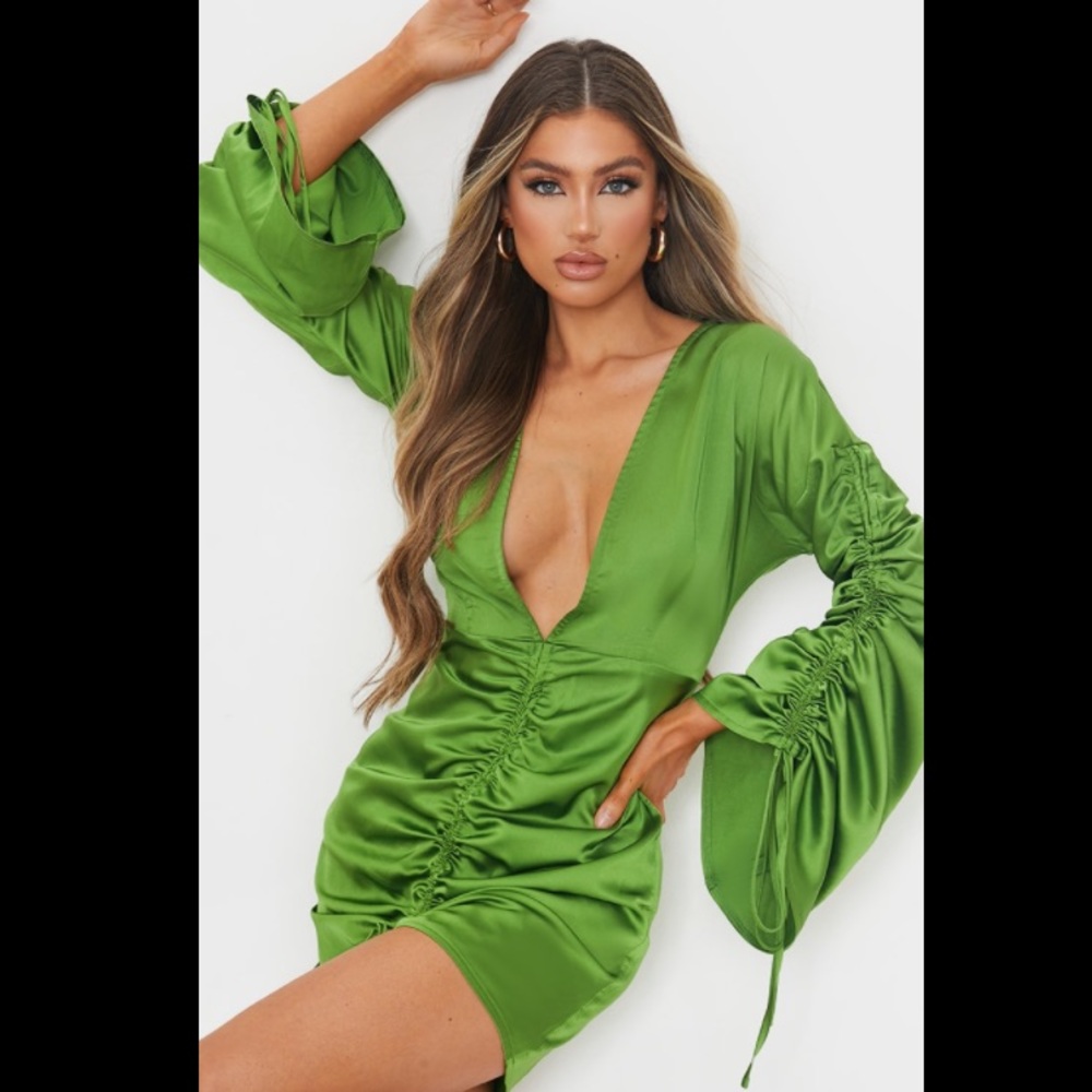 Olive Satin Plunge Ruched Dress